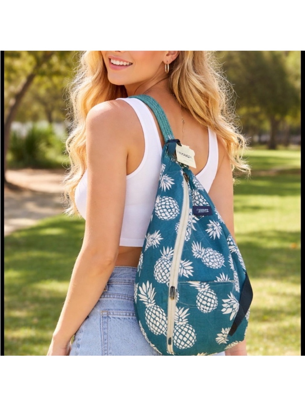 KAVU Rope Sling Bag Pineapple Passion Crossbody Teal Green Tan